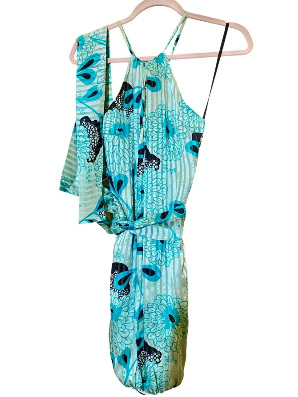 Patrizia Pepe Italy Pure Silk Turquoise Floral Halter Bubble Hem Mini Dress 4